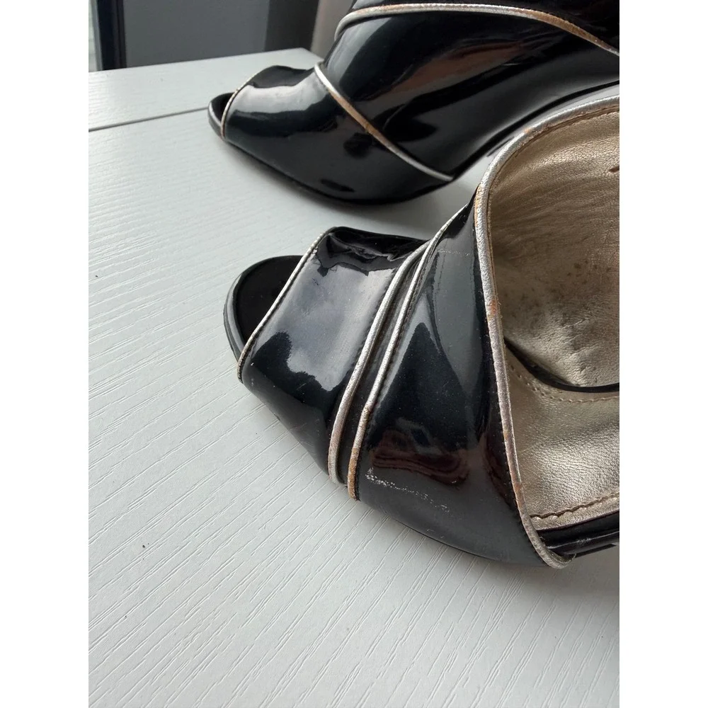 Dolce & Gabbana Patent Leather Peep Toe Heels Black Gold IT 38 Vintage US8